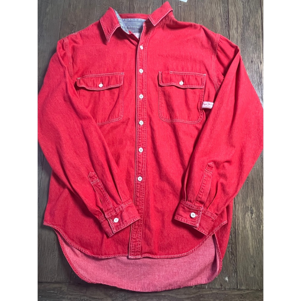 Pepe Jeans London Mens Red Denim Button Down Shirt Long Sleeve Cotton Large